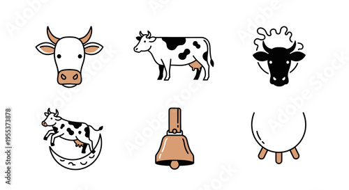 Set of Cow and Farm Animal Icons in Minimalist Line Art Style