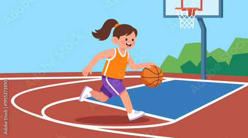 A joyful young girl dribbles a basketball on an outdoor court, showcasing enthusiasm for sports and physical activity, emphasizing the joy of childhood and play.