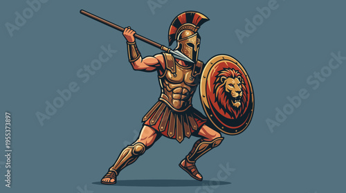 This striking image depicts a heroic Spartan warrior ready for battle, showcasing strength and bravery with his spear and shield, symbolizing ancient valor and honor.