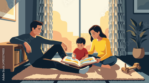 A happy family sits on a cozy rug, sharing a storybook with their young child, emphasizing the joy of reading and the strength of family bonds.