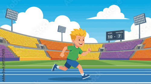 A lively illustration of a young boy running happily on a blue athletic track in a bright stadium, capturing the spirit of youth and sportsmanship in an urban setting.