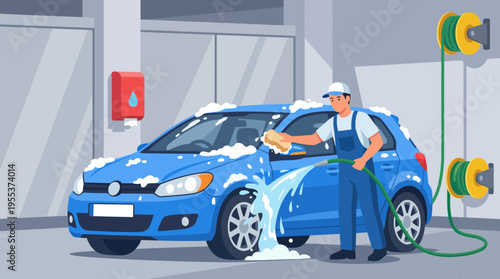 A cheerful young man is seen washing a blue car using a sponge and hose in a clean, modern car wash environment, emphasizing cleanliness and pride in vehicle maintenance.
