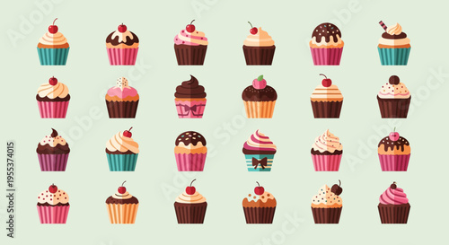 Set of Flat Design Delicious Cupcakes with Various Toppings