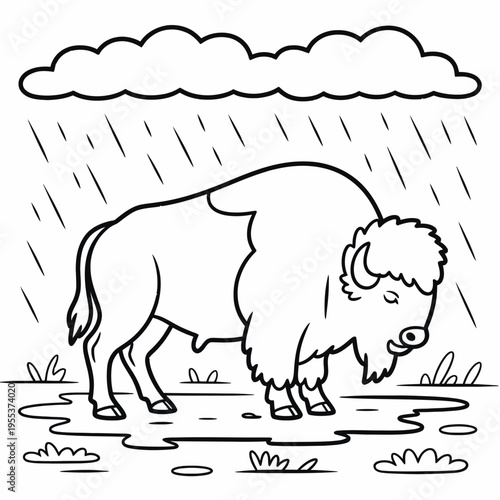 A cute cartoon bison standing in a muddy puddle during a rainy day for children to color at home isolated on white background, Vector, illustration