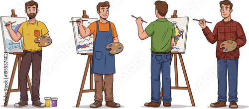 Creative male artists painting on canvas with brushes and palettes, standing at easels, creating colorful artworks in vector illustration.