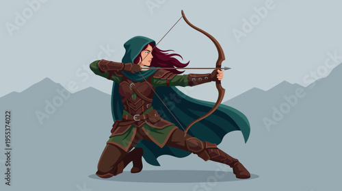 An expert archer in a detailed cloak draws her bowstring, aiming intently in a fantastical outdoor environment, showcasing determination and focus in a mystical setting.