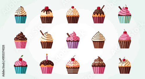 Set of Delicious Cupcakes with Various Toppings and Flavors