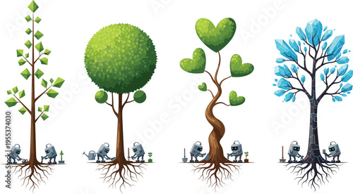 Robots planting futuristic trees with roots, artificial intelligence technology growth, eco innovation concept, nature care, environmental sustainability illustration, vector design, digital art