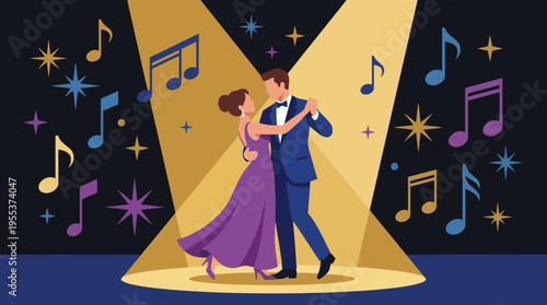 A couple dancing gracefully under bright lights, highlighting romance, elegance, and the joy of dance as a form of celebration and connection.