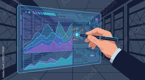 An executive analyzing complex data through a high-tech interface, representing the importance of data-driven decisions in today's competitive business landscape.