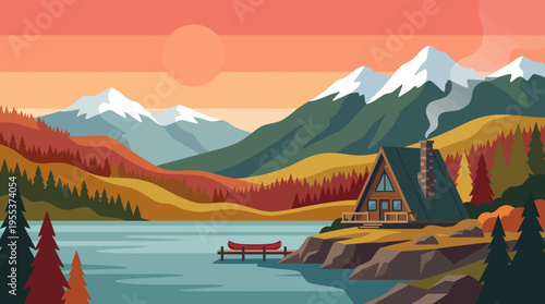 A cozy cabin by a tranquil lake surrounded by mountains, showcasing warm sunset colors and harmonious nature, creating a perfect escape into the wilderness.