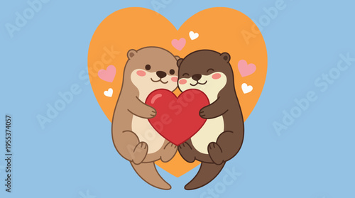 Two cute otters holding a red heart amidst pink hearts on a blue background, symbolizing love, togetherness, and affection in a charming, playful manner.