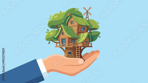 A whimsical treehouse nestled in greenery held in a hand, symbolizing creativity, childhood dreams, and the importance of nurturing our ideas and aspirations.