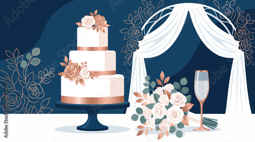 A stunning three-tier wedding cake adorned with roses and a champagne glass, set against a blue backdrop, representing love, celebration, and elegance at a wedding.