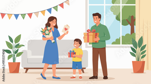 A joyful family scene with a woman receiving flowers from a man while a child carries gifts, showcasing love, celebration, and family connections in a bright atmosphere.