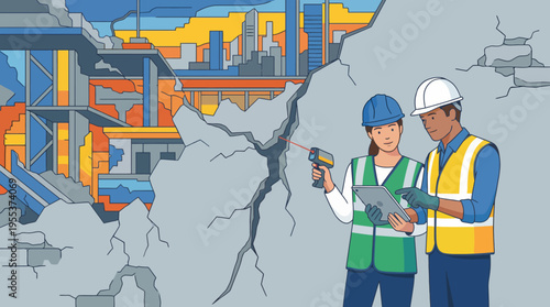 Two construction professionals analyze data on tablets at a building site, amidst a backdrop of structural designs and reconstruction elements reflecting teamwork and safety.