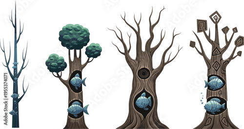 Fantasy trees with fishes inside trunks, creative surreal nature illustration, unique abstract design, vector artwork for fairytale, fantasy, magical concept themes