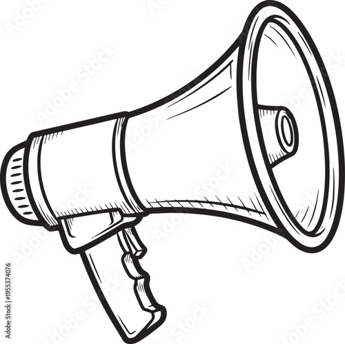 Hand-drawn line art illustration of a megaphone isolated