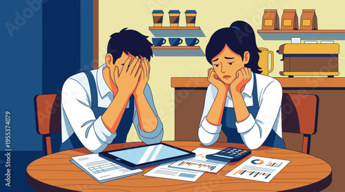 A distressed couple in a cafe analyze their finances while grappling with business struggles, highlighting the pressures faced by entrepreneurs and small business owners.