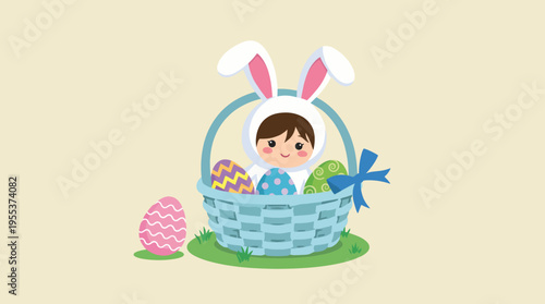 A delightful image of a child dressed in a bunny costume sitting in a basket surrounded by colorful Easter eggs, symbolizing innocence and playful celebration of spring.