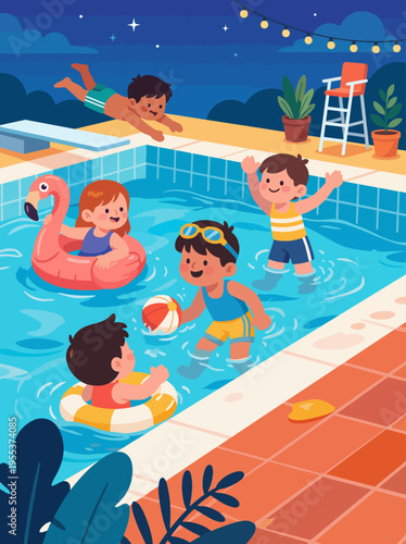 A lively scene of children playing in a pool during a summer evening, showcasing joy, friendship, and the carefree essence of childhood recreation and entertainment.
