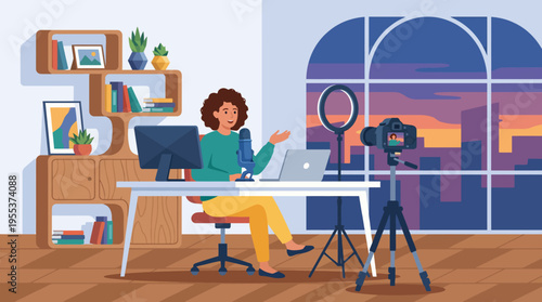 A young woman confidently presents in front of a camera in her home office, showcasing the rise of content creation and digital communication in today's social media-driven world.