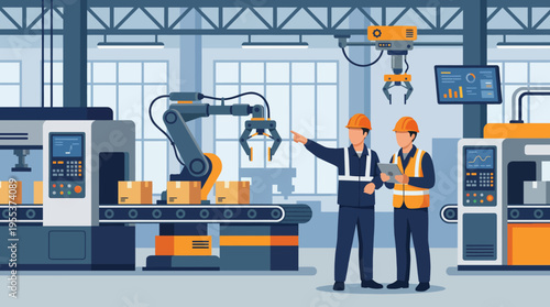 Two industrial workers assess machines in a factory, emphasizing collaboration and innovation in modern manufacturing and automation processes, vital to today's economy.