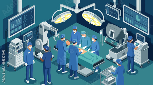 A skilled surgical team works together in a modern operating room, showcasing precision, collaboration, and the use of advanced medical technology in healthcare.