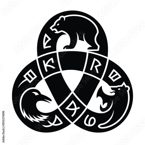 A black and white vector illustration featuring a triquetra knot design with animals and runes isolated on white background, Vector, illustration