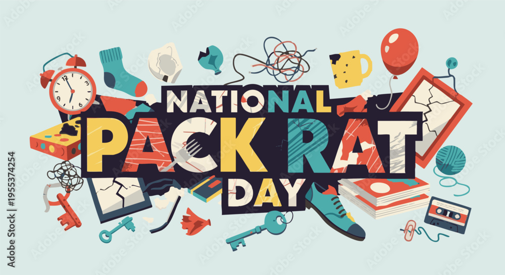 Naklejka premium National Pack Rat Day colorful cluttered illustration with various objects in bold playful style for holiday marketing