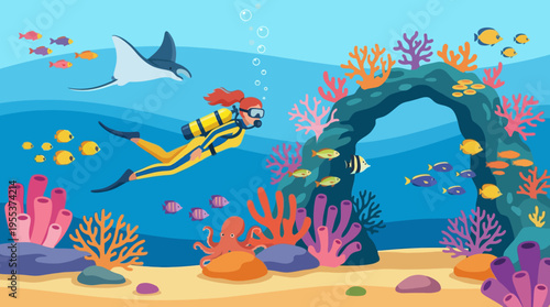 An exhilarating underwater scene portrays a skilled scuba diver exploring a vibrant coral reef, filled with colorful fish and marine life, emphasizing adventure and discovery.