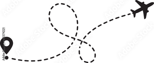 Airplane flight path with dotted line and location pin icon isolated