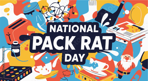Colorful National Pack Rat Day banner with playful illustrations in vibrant chaotic lighting for celebration marketing