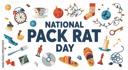 National Pack Rat Day celebration with various household items in playful colorful illustration for social media