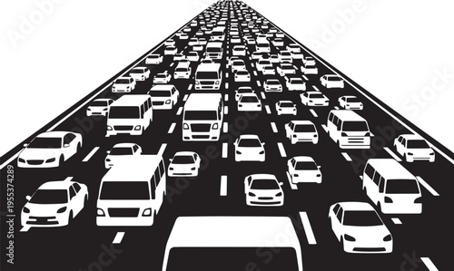 Black and white silhouette of heavy traffic jam on a multi-lane highway road.