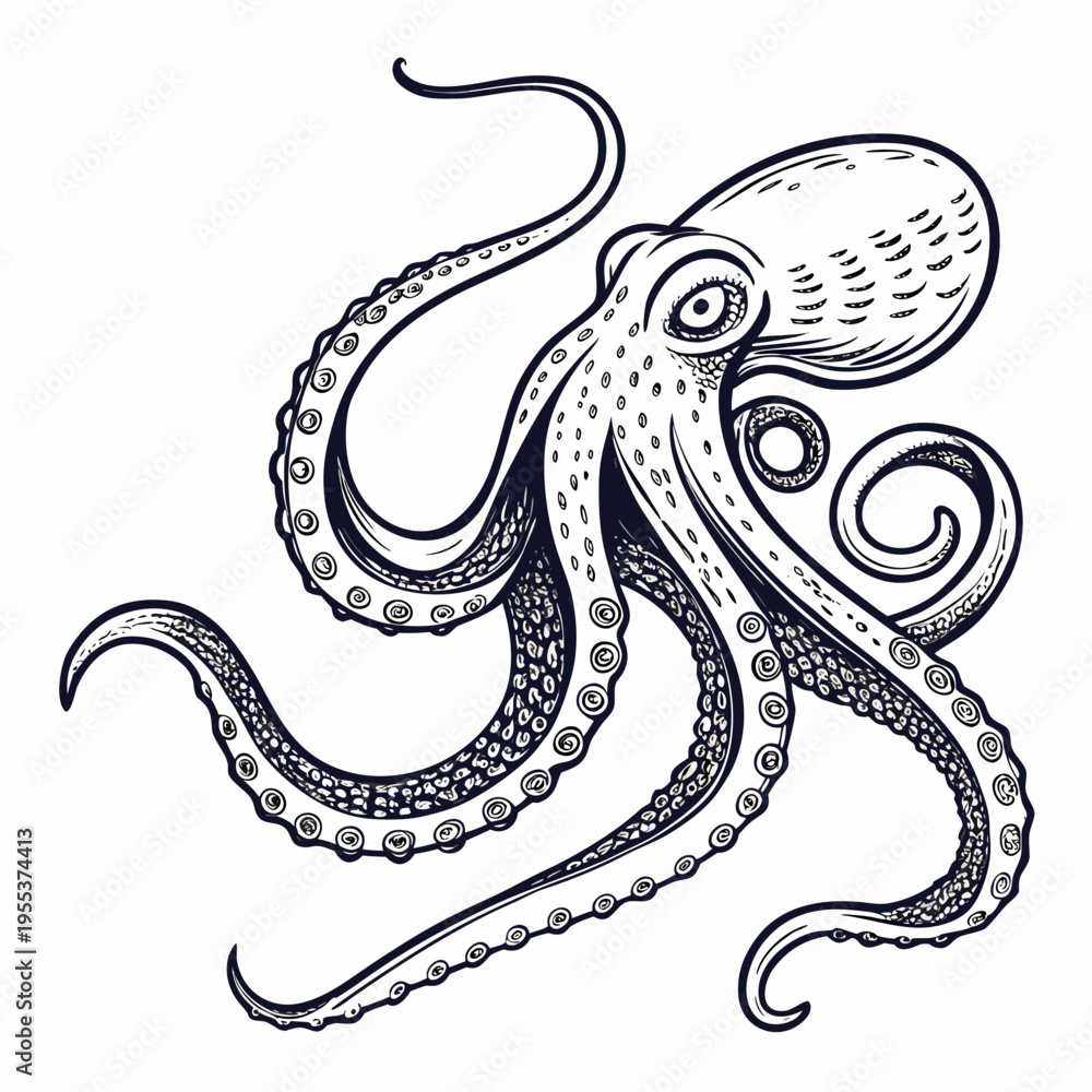 Obraz premium Tentacles of an octopus. Hand drawn vector illustration in engraving technique isolated on white background.
