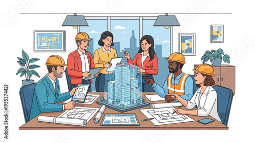 Engineers and architects discuss building plans in a modern office setting.