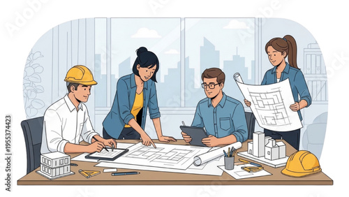 Engineers and architects collaborate on construction project blueprints indoors