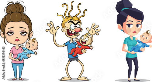Funny cartoon illustration of stressed tired parents holding crying babies, exhausted mother, crazy father, frustrated nanny, parenting humor vector design