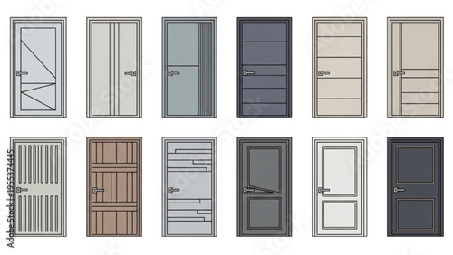 Various doors are shown in a collection on a white background