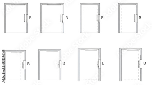 Eight gray doors with handles are standing closed in two rows on white