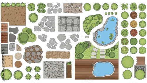 Landscape design elements arranged on a table for planning a backyard garden with pool