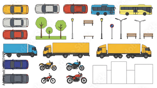 Vehicles and motorcycles on a road with trees and street lights