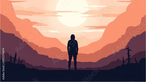 A person stands alone watching sunset over mountains landscape