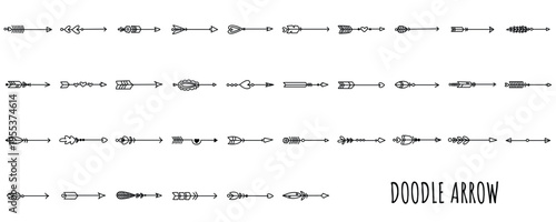 Hand drawn doodle arrow vector set. Black and white rustic, tribal, and boho style arrows with feathers and hearts for decorative design elements.