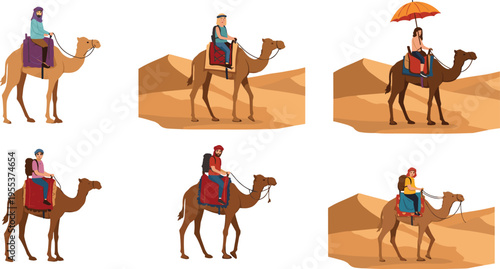 People riding camels in desert landscape, adventure travel, tourism, exploration, cultural journey, vacation experience, and traditional camel ride illustration.