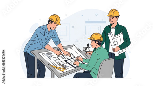 Engineers review blueprints with colleagues in an office setting.