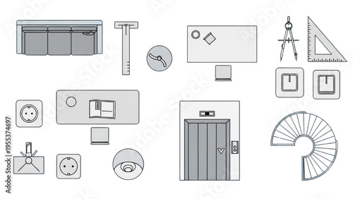 Architectural blueprint illustrations showcase various building elements and tools.