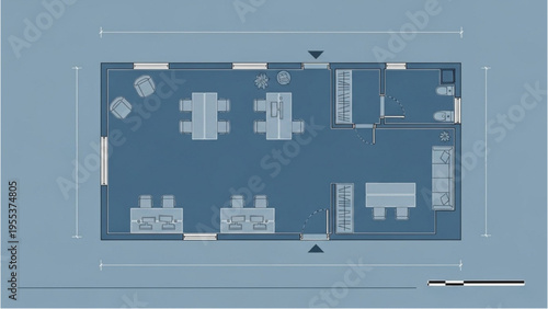 The architectural illustration of a building's floor plan showcases rooms and furniture layout