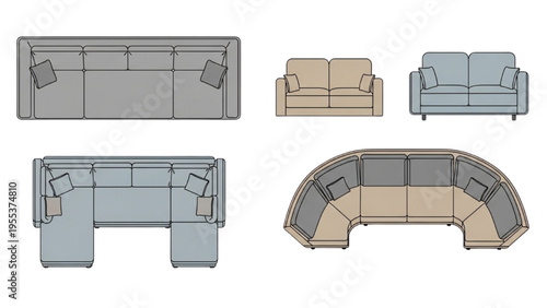 Various sofas illustrated from multiple viewpoints and configurations.